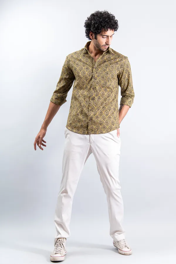 Golden_Yellow_Regular_Fit_Betel_Print_Fullsleeves_Soft_Cotton_Shirt_With_Spread_Collar