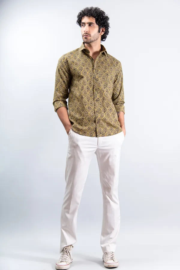 Golden_Yellow_Regular_Fit_Betel_Print_Fullsleeves_Soft_Cotton_Shirt_With_Spread_Collar