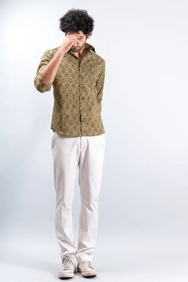 Golden_Yellow_Regular_Fit_Betel_Print_Fullsleeves_Soft_Cotton_Shirt_With_Spread_Collar