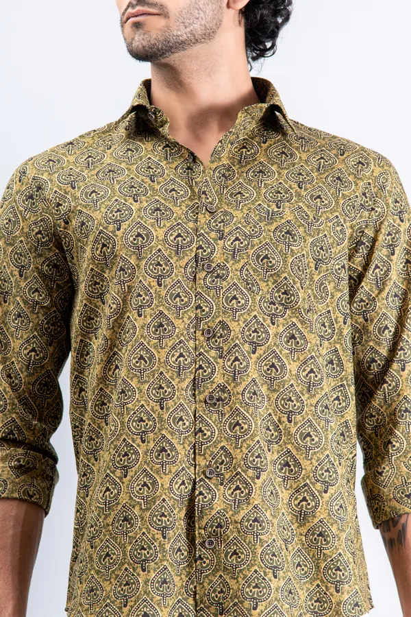 Golden_Yellow_Regular_Fit_Betel_Print_Fullsleeves_Soft_Cotton_Shirt_With_Spread_Collar