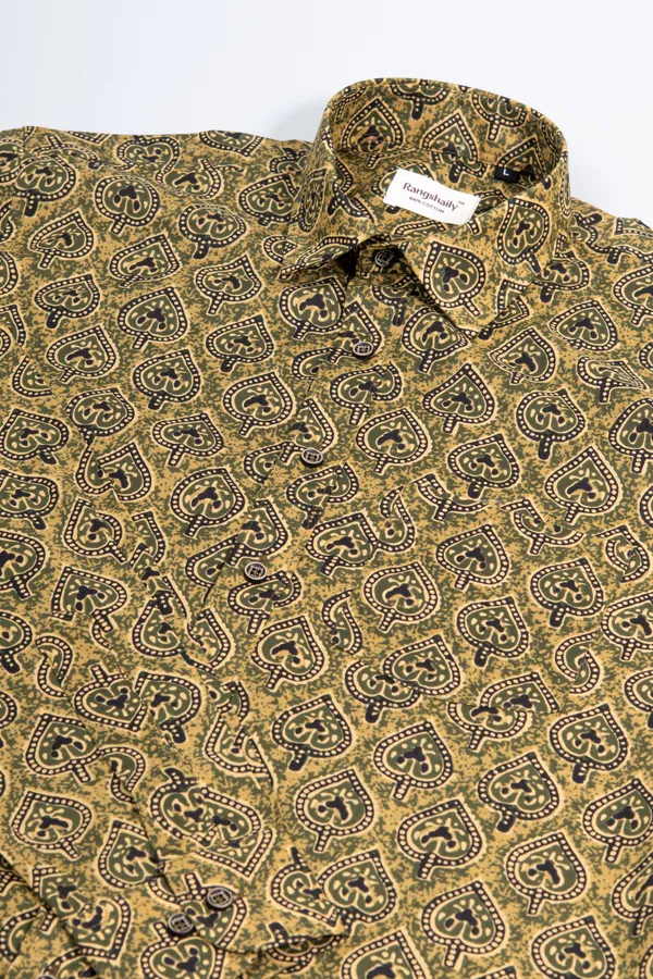 Golden_Yellow_Regular_Fit_Betel_Print_Fullsleeves_Soft_Cotton_Shirt_With_Spread_Collar