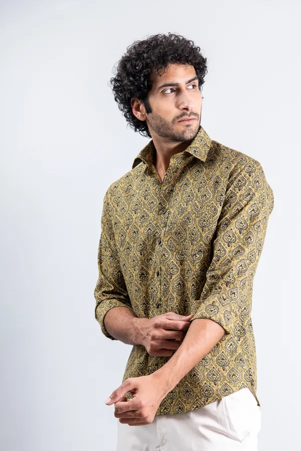 Golden_Yellow_Regular_Fit_Betel_Print_Fullsleeves_Soft_Cotton_Shirt_With_Spread_Collar
