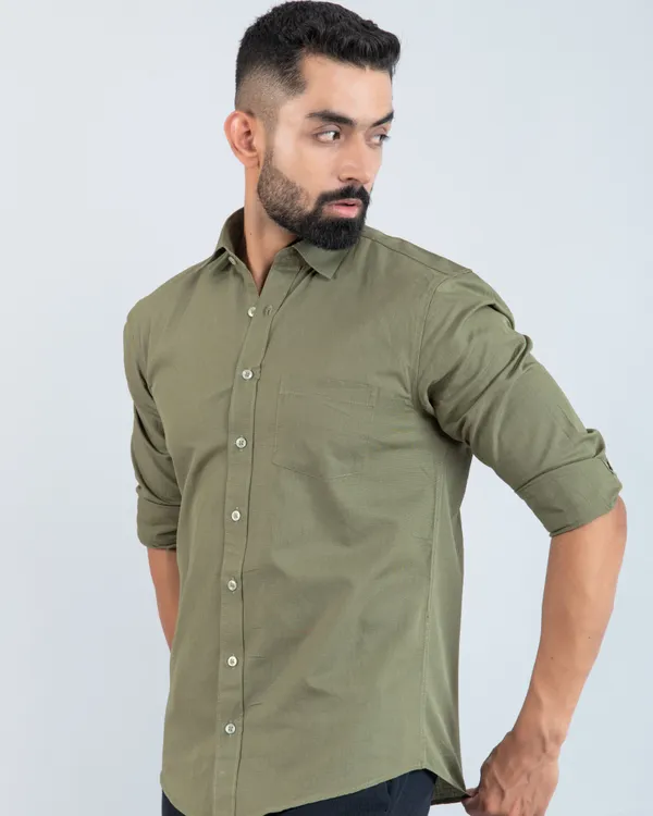 Pure_Cotton_Men's_Military_Green_Casual_Shirt_Regular_Fit_with_Spread_Collar