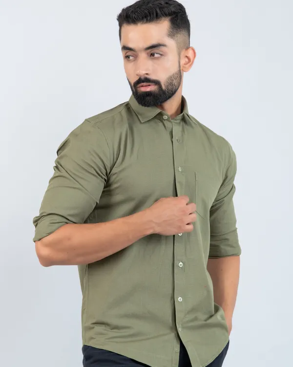 Pure_Cotton_Men's_Military_Green_Casual_Shirt_Regular_Fit_with_Spread_Collar