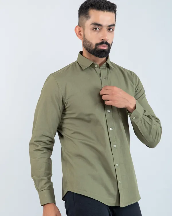 Pure_Cotton_Men's_Military_Green_Casual_Shirt_Regular_Fit_with_Spread_Collar