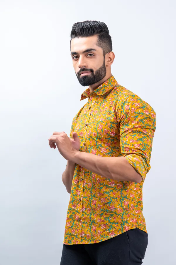 Mustard_Yellow_Floral_Print_Regular_Fit_Cotton_Casual_Shirt_With_Spread_Collar_&_Full_Sleeves