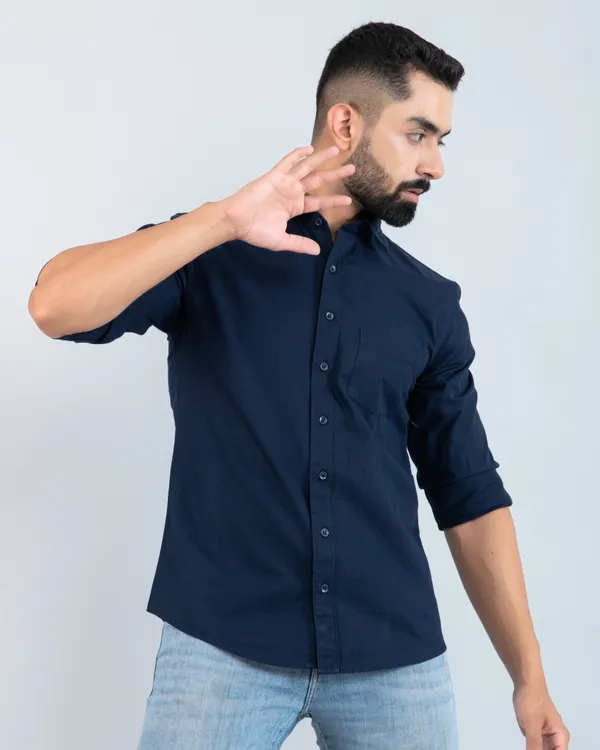 Modern_Classic_Navy_Blue_Pure_Cotton_Casual_Shirt_with_Curved_Hemline_and_Spread_Collar