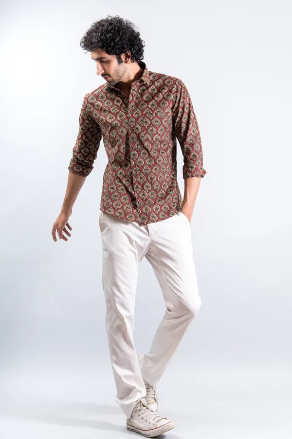Metallic_Red_Cotton_Full_Sleeve_Relaxed_Fit_Shirt_Betel_Print_With_Spread_Collar_Lightweight_&_Fashionable