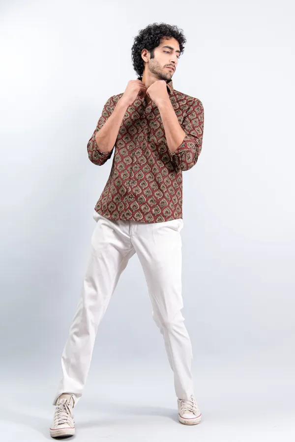 Metallic_Red_Cotton_Full_Sleeve_Relaxed_Fit_Shirt_Betel_Print_With_Spread_Collar_Lightweight_&_Fashionable