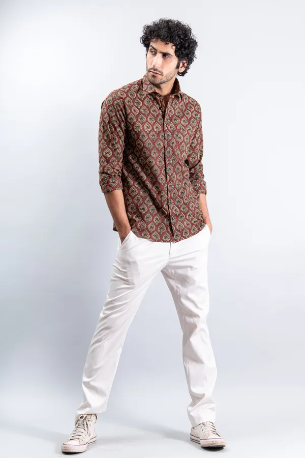 Metallic_Red_Cotton_Full_Sleeve_Relaxed_Fit_Shirt_Betel_Print_With_Spread_Collar_Lightweight_&_Fashionable