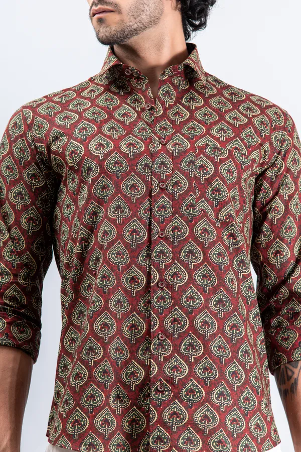 Metallic_Red_Cotton_Full_Sleeve_Relaxed_Fit_Shirt_Betel_Print_With_Spread_Collar_Lightweight_&_Fashionable