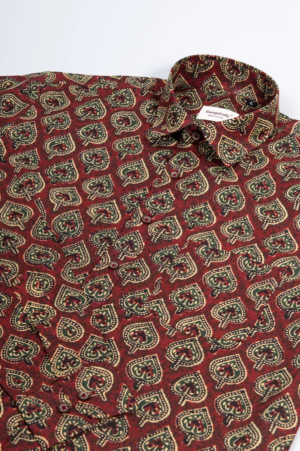 Metallic_Red_Cotton_Full_Sleeve_Relaxed_Fit_Shirt_Betel_Print_With_Spread_Collar_Lightweight_&_Fashionable