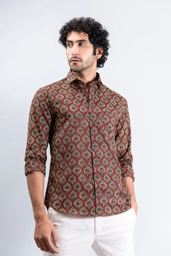 Metallic_Red_Cotton_Full_Sleeve_Relaxed_Fit_Shirt_Betel_Print_With_Spread_Collar_Lightweight_&_Fashionable