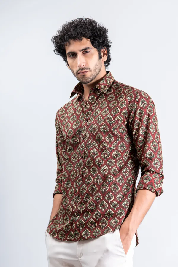 Metallic_Red_Cotton_Full_Sleeve_Relaxed_Fit_Shirt_Betel_Print_With_Spread_Collar_Lightweight_&_Fashionable