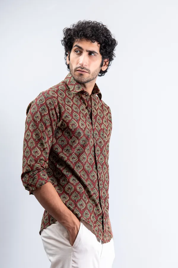 Metallic_Red_Cotton_Full_Sleeve_Relaxed_Fit_Shirt_Betel_Print_With_Spread_Collar_Lightweight_&_Fashionable
