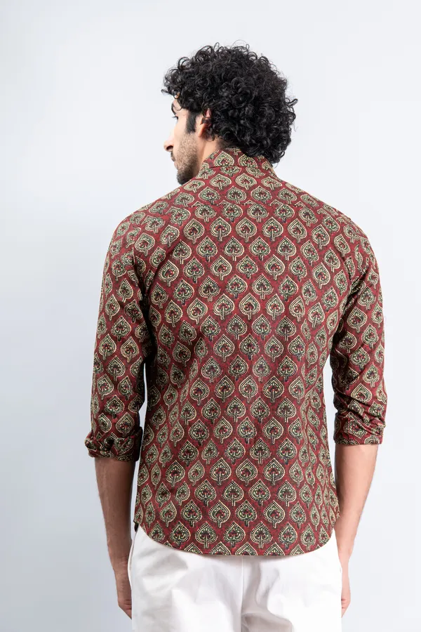 Metallic_Red_Cotton_Full_Sleeve_Relaxed_Fit_Shirt_Betel_Print_With_Spread_Collar_Lightweight_&_Fashionable