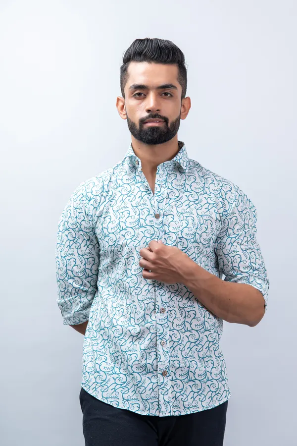 Turquoise_Full_Sleeves_Cotton_Regular_Fit_Jaal_Print_Shirt_Soft_Comfortable_&_Spread_Collar