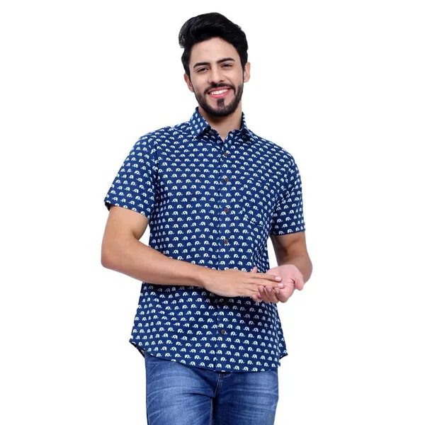 Blue_Half_Sleeve_Cotton_Shirt_Relaxed_Fit_Elephant_Print_With_Stylish_Spread_Collar_Summer_Shirt