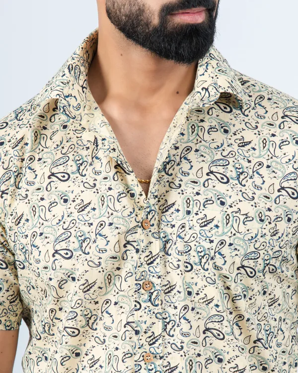 Cream_Paisley_Print_Half_Sleeve_Soft_Cotton_Summer_Shirt_with_Spread_Collar