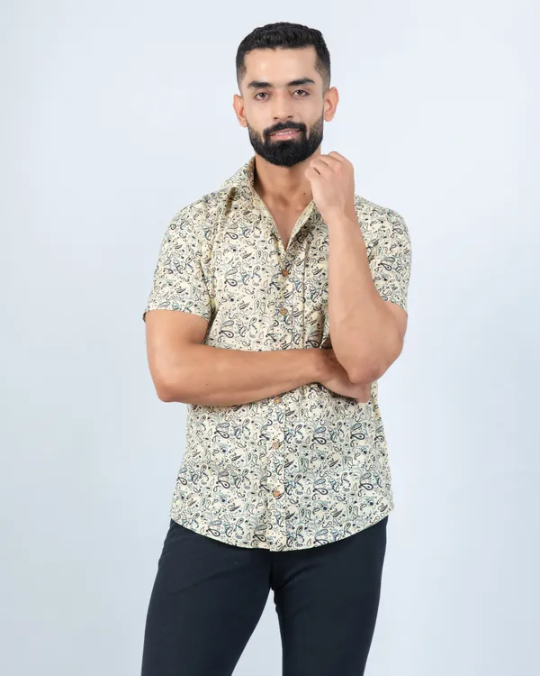 Cream_Paisley_Print_Half_Sleeve_Soft_Cotton_Summer_Shirt_with_Spread_Collar
