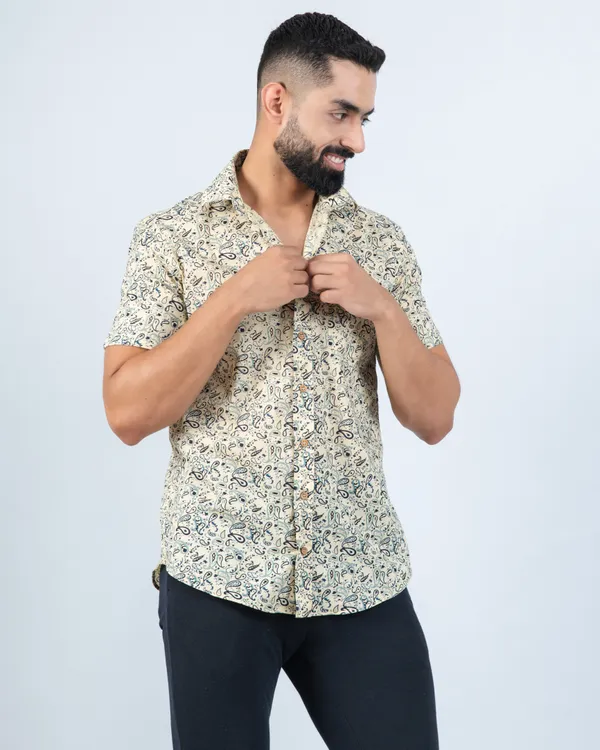 Cream_Paisley_Print_Half_Sleeve_Soft_Cotton_Summer_Shirt_with_Spread_Collar