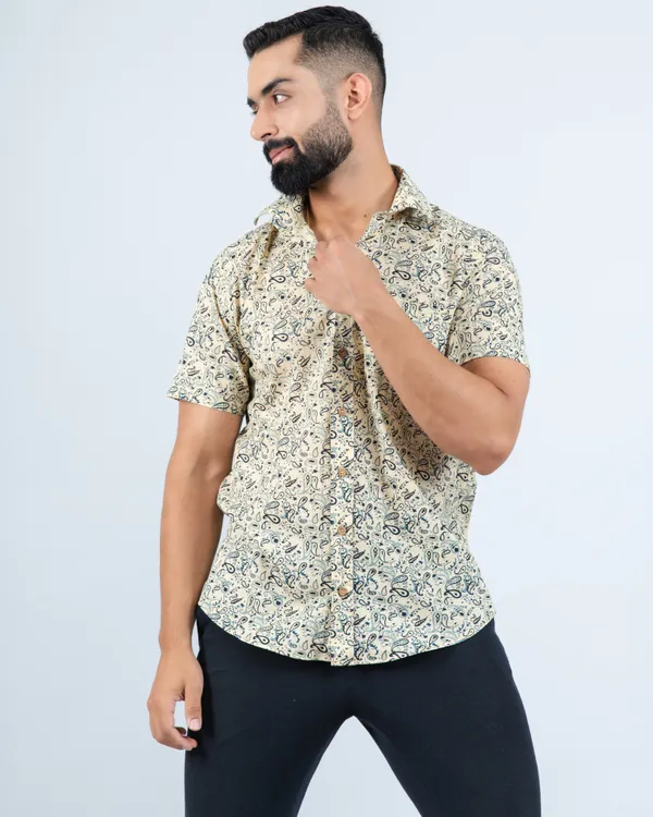 Cream_Paisley_Print_Half_Sleeve_Soft_Cotton_Summer_Shirt_with_Spread_Collar