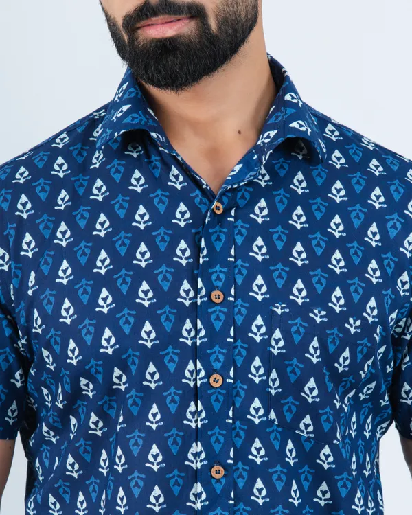 Tropical_Indigo_Betel_Print_Smart_Fit_Casual_Cotton_Shirt