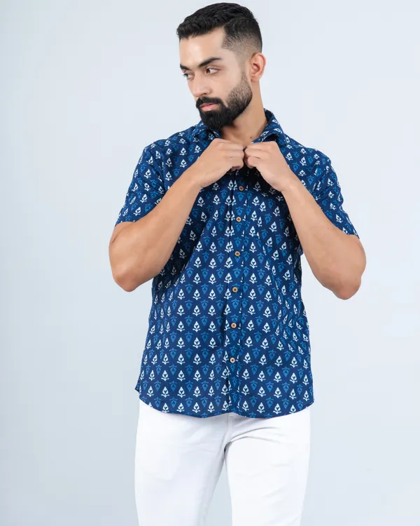 Tropical_Indigo_Betel_Print_Smart_Fit_Casual_Cotton_Shirt