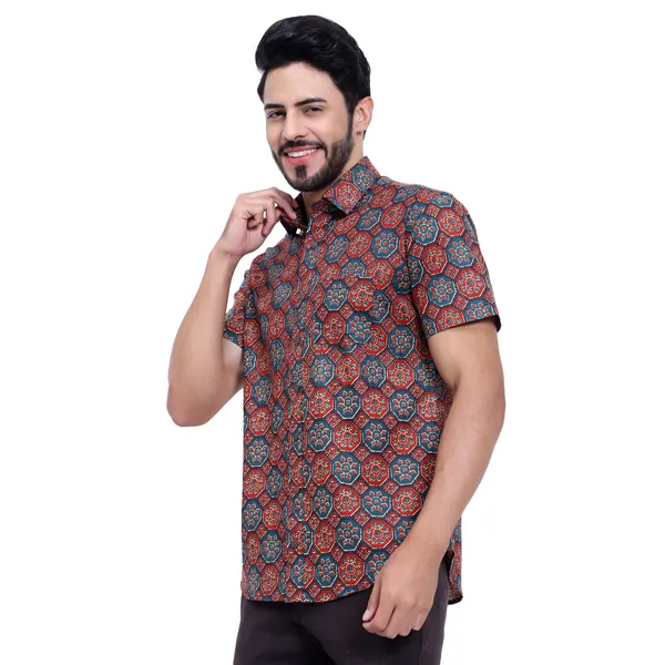 Maroon_Half_Sleeve_Cotton_Shirt_Relaxed_Fit_Geometric_Print_With_Stylish_Spread_Collar