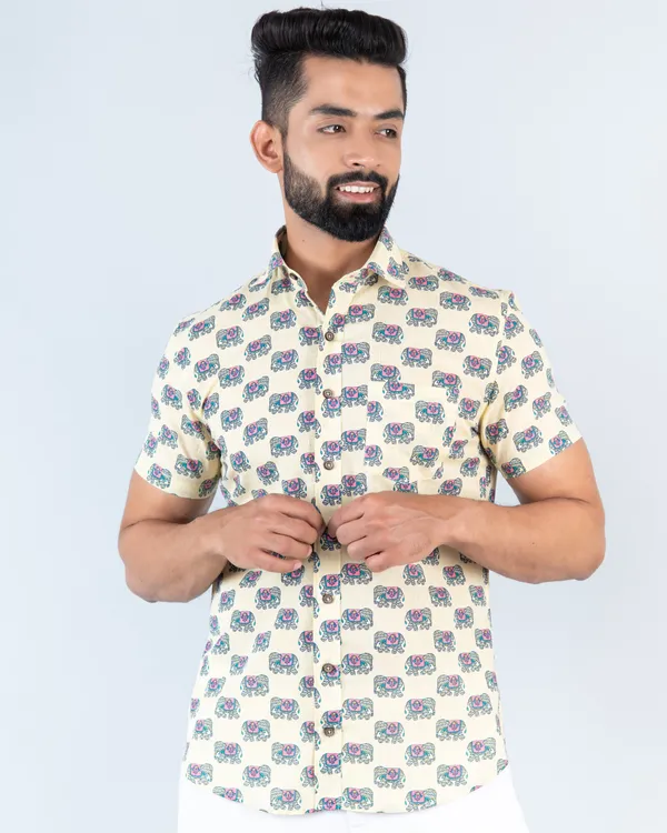 Pink_Elephant_Print_Half_Sleeves_Premium_Cotton_Regular_Fit_Shirt_With_Spread_Collar