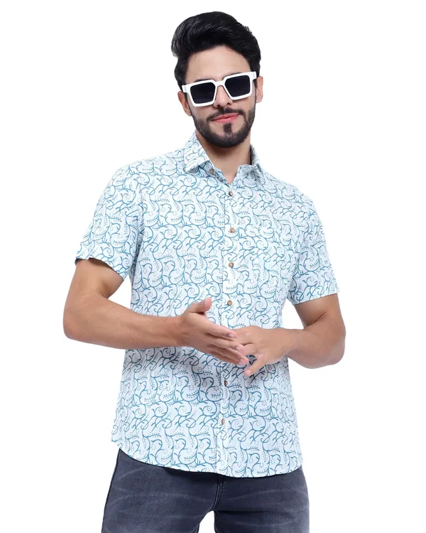 Turquoise_Half_Sleeve_Cotton_Shirt_Relaxed_Fit_Jaal_Print_With_Stylish_Spread_Collar_Summer_Shirt