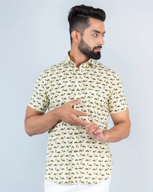 Light_Yellow_Bird_Print_Half_Sleeves_Premium_Cotton_Regular_Fit_Shirt_With_Spread_Collar