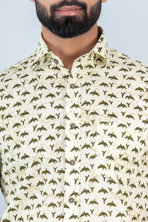 Light_Yellow_Bird_Print_Half_Sleeves_Premium_Cotton_Regular_Fit_Shirt_With_Spread_Collar