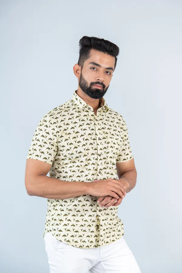Light_Yellow_Bird_Print_Half_Sleeves_Premium_Cotton_Regular_Fit_Shirt_With_Spread_Collar