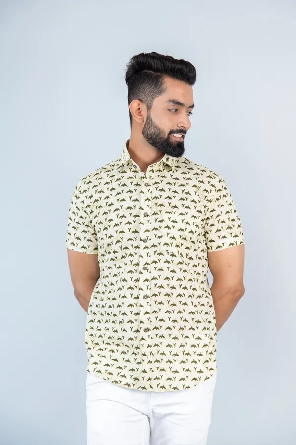 Light_Yellow_Bird_Print_Half_Sleeves_Premium_Cotton_Regular_Fit_Shirt_With_Spread_Collar