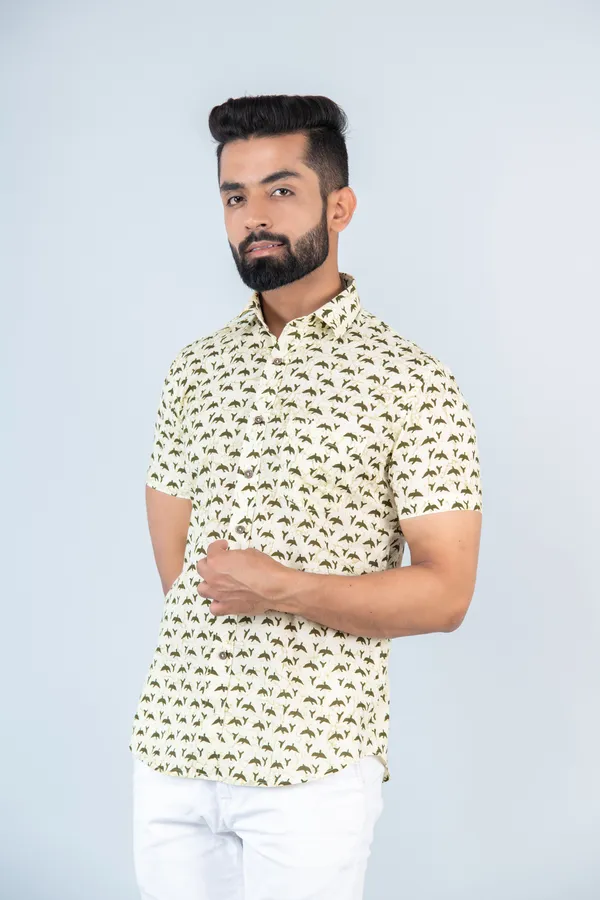 Light_Yellow_Bird_Print_Half_Sleeves_Premium_Cotton_Regular_Fit_Shirt_With_Spread_Collar