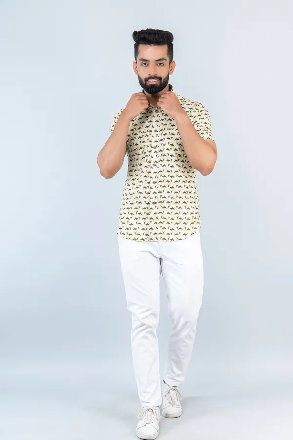 Light_Yellow_Bird_Print_Half_Sleeves_Premium_Cotton_Regular_Fit_Shirt_With_Spread_Collar