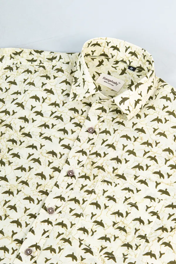 Light_Yellow_Bird_Print_Half_Sleeves_Premium_Cotton_Regular_Fit_Shirt_With_Spread_Collar