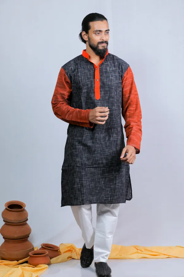 Black_&_Orange_Self_Design_Full_Sleeve_Kurta_And_Pyjama_For_Men