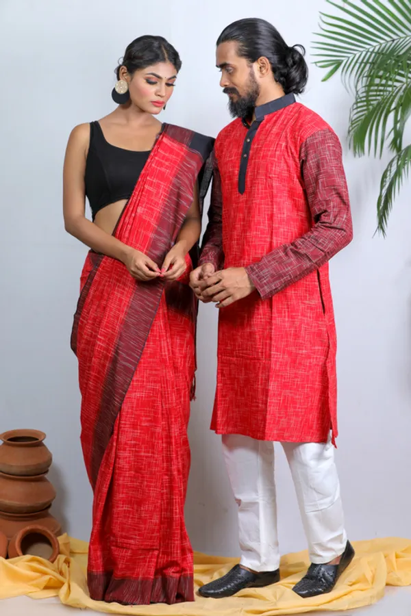 Red_Self_Design_Full_Sleeve_1Pic_Women'S_Saree_And_1Pic_Men'S_Kurta_For_Couple