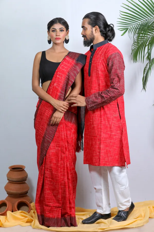 Red_Self_Design_Full_Sleeve_1Pic_Women'S_Saree_And_1Pic_Men'S_Kurta_For_Couple