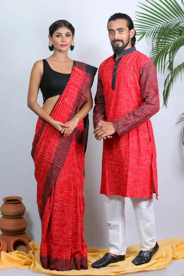 Red_Self_Design_Full_Sleeve_1Pic_Women'S_Saree_And_1Pic_Men'S_Kurta_For_Couple