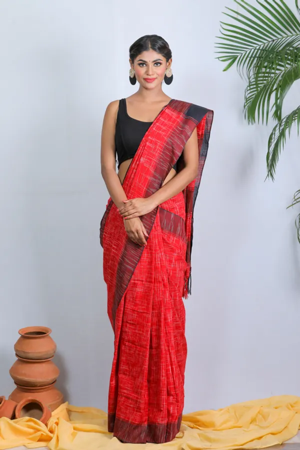 Red_Self_Design_Full_Sleeve_1Pic_Women'S_Saree_And_1Pic_Men'S_Kurta_For_Couple