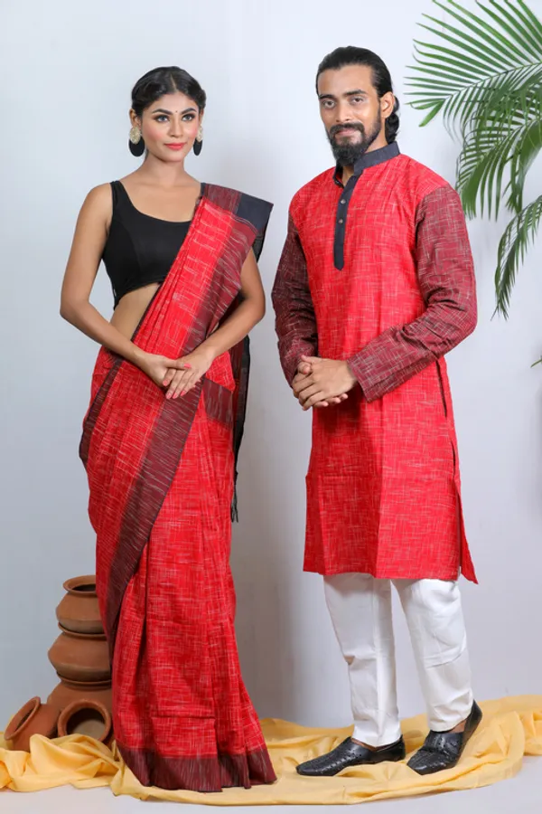 Red_Self_Design_Full_Sleeve_1Pic_Women'S_Saree_And_1Pic_Men'S_Kurta_For_Couple