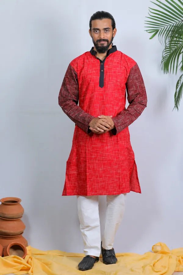 Red_Self_Design_Full_Sleeve_1Pic_Women'S_Saree_And_1Pic_Men'S_Kurta_For_Couple
