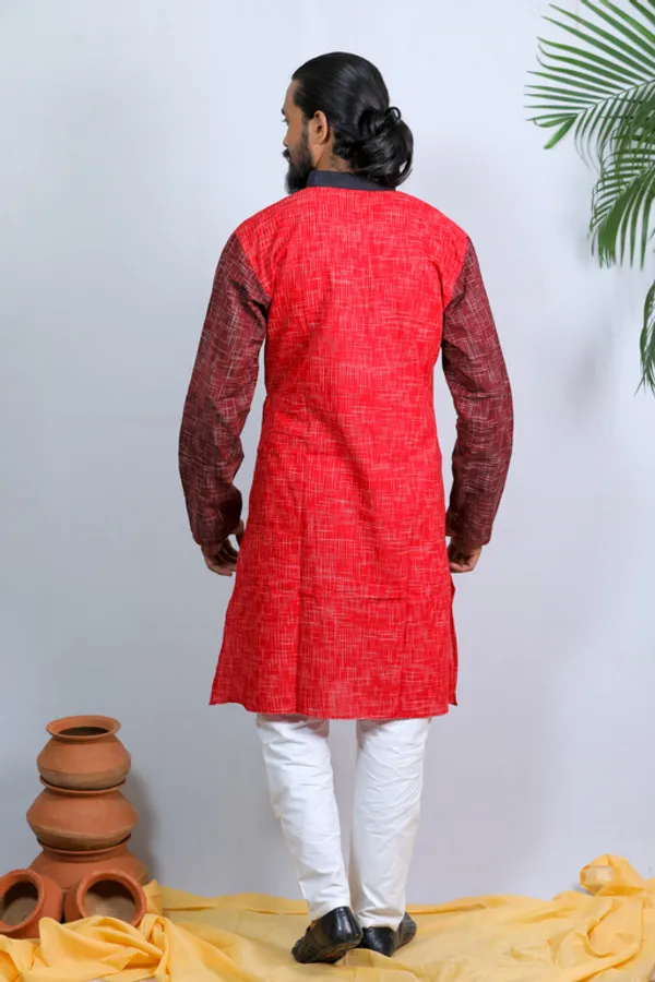 Red_Self_Design_Full_Sleeve_1Pic_Women'S_Saree_And_1Pic_Men'S_Kurta_For_Couple