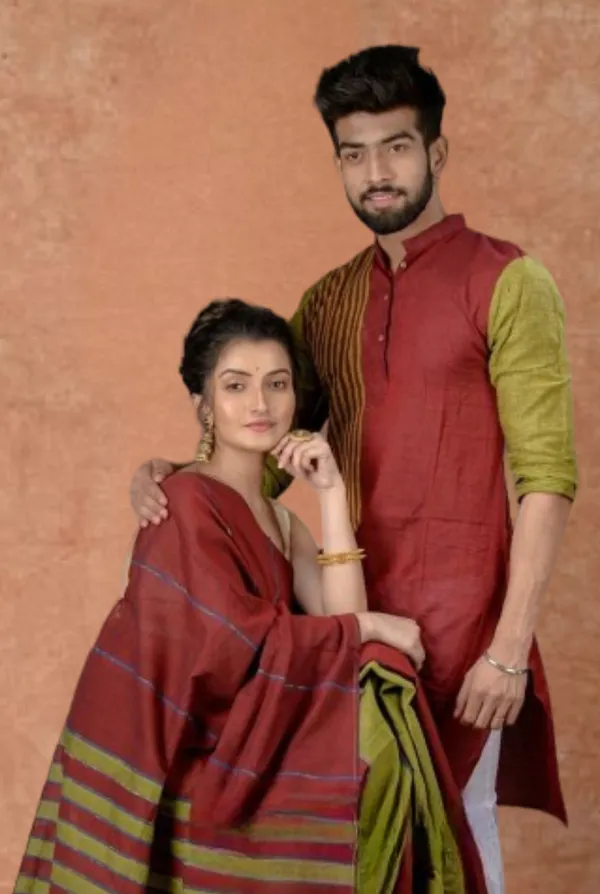 Green_Self_Design_Full_Sleeve_Kurta_And_Saree_For_Couple