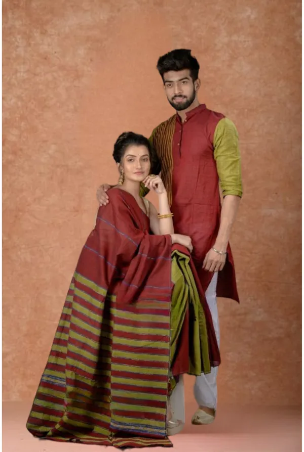 Green_Self_Design_Full_Sleeve_Kurta_And_Saree_For_Couple