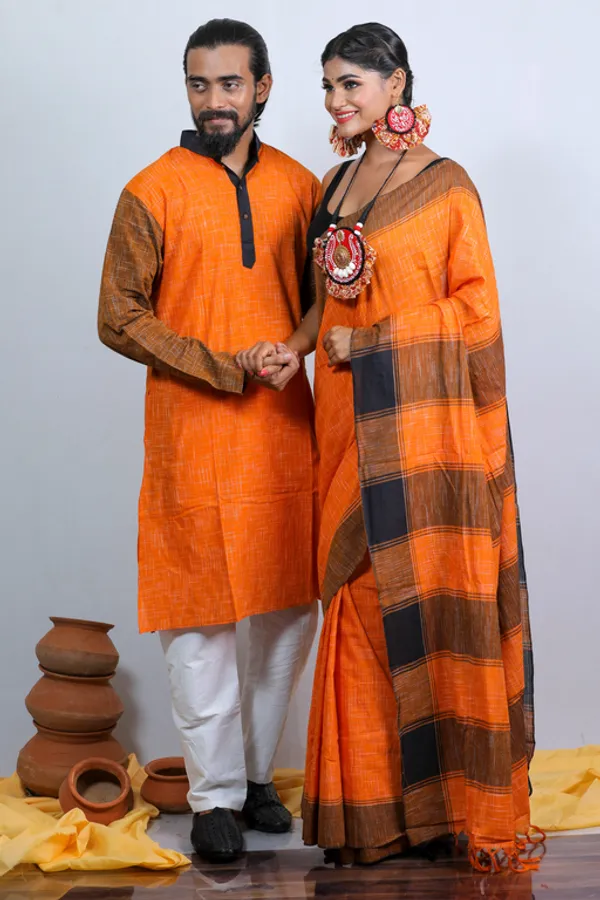 Orange_Printed_Full_Sleeve_1Pic_Women'S_Saree_And_1Pic_Men'S_Kurta_For_Couple