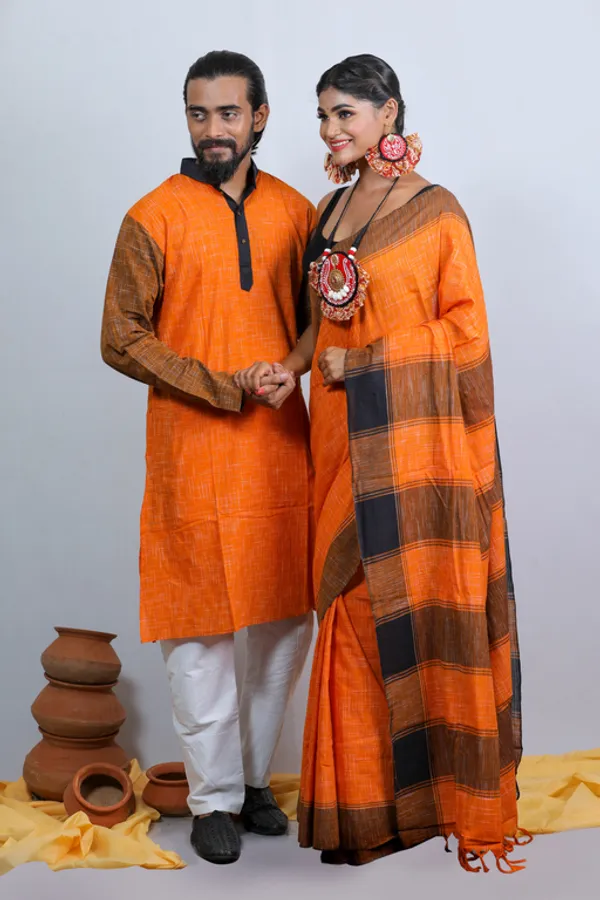 Orange_Printed_Full_Sleeve_1Pic_Women'S_Saree_And_1Pic_Men'S_Kurta_For_Couple